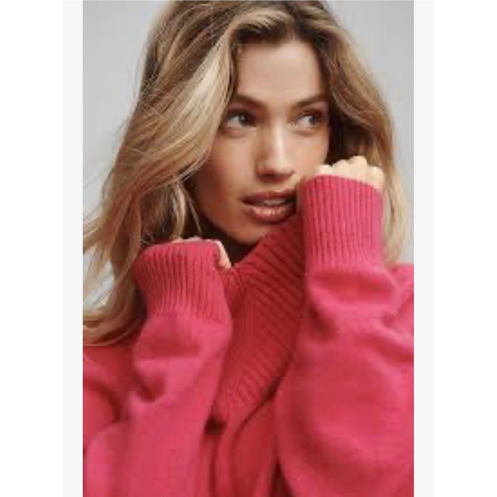 Anthropologie Hot Pink Ribbed Turtleneck Sweater Small Slouchy Knit Cowl Neck S